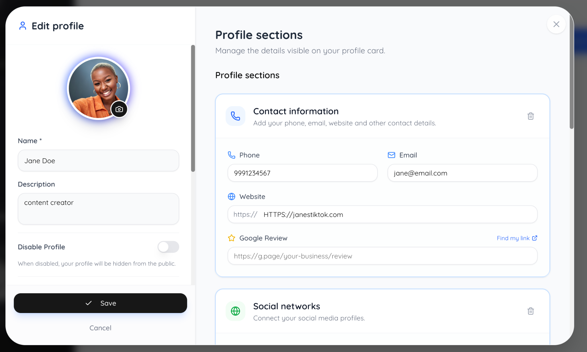 Dashboard: Create profile